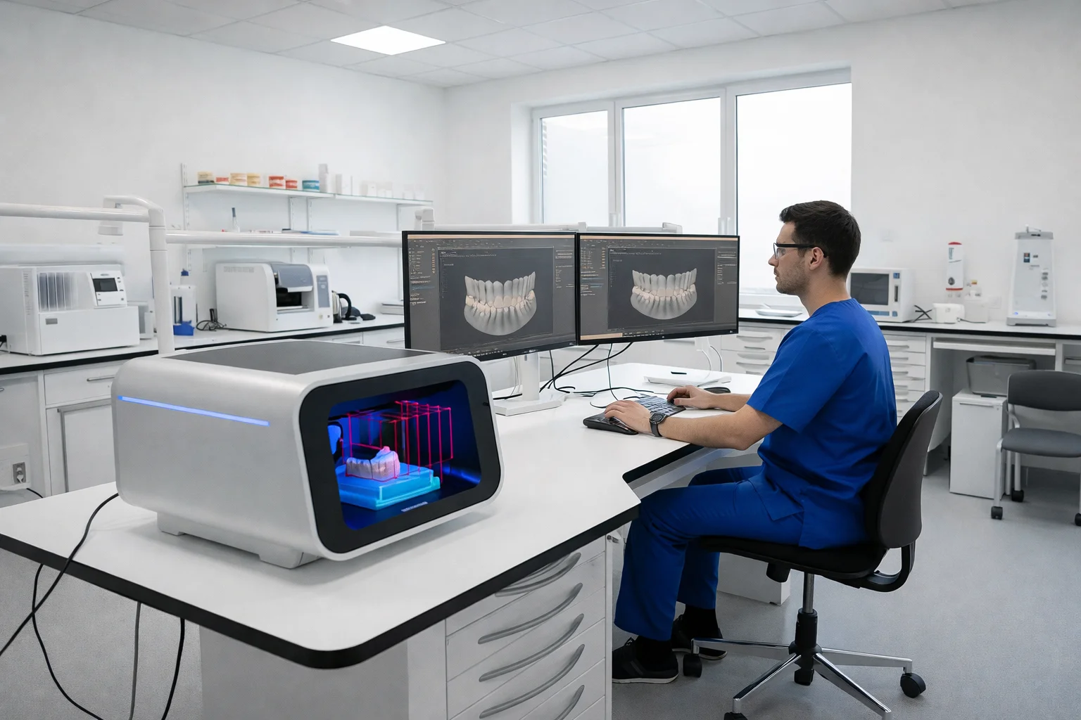 Dental lab technician designing CAD on dual monitors - Affordable dental lab management software, free trial